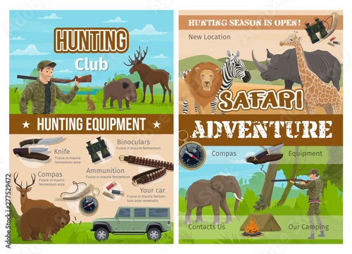 Safari hunting animals, hunter gun and equipment
