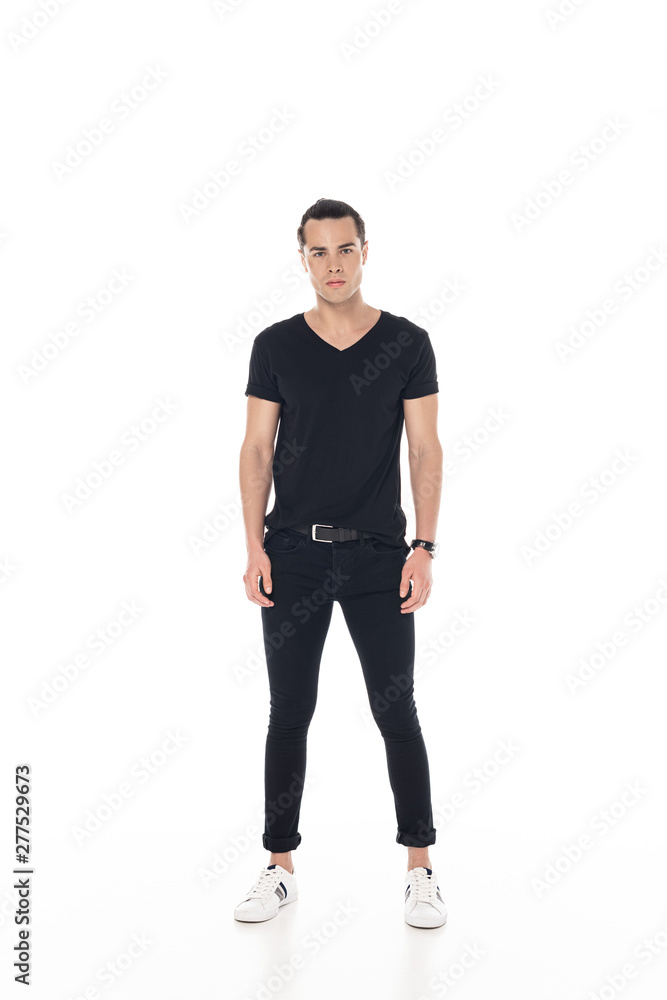 full length view of brunette young man in black clothes isolated on white full length view of brunette young man in black clothes isolated on white