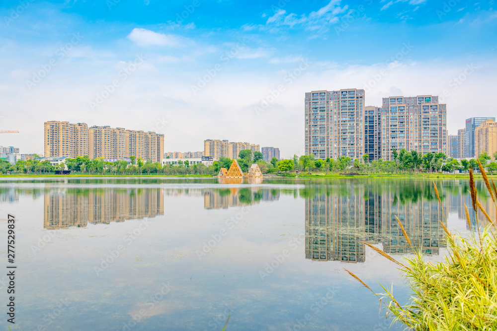 Architectural scenery around Jincheng Lake Park in Chengdu, Sichuan Province, China