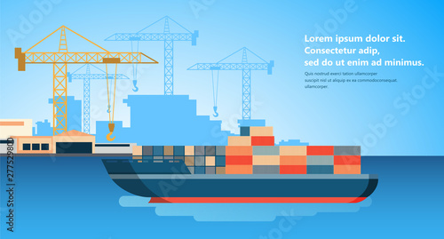 Container ship at freight port terminal Unloading. Merchant Marine. Flat vector illustration