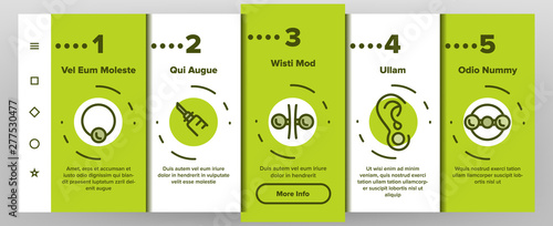 Piercing Salon Theme Linear Vector Onboarding Mobile App Page Screen. Piercing Earrings, Ball closure Ring. Stainless Steel Jewelry Pictograms. Professional Tool, Equipment Signs Illustrations