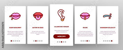 Piercing Salon Theme Linear Vector Onboarding Mobile App Page Screen. Piercing Earrings, Ball closure Ring. Stainless Steel Jewelry Pictograms. Professional Tool, Equipment Signs Illustrations