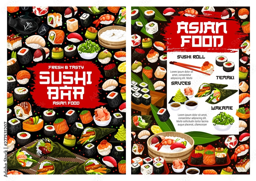Sushi rolls, temaki and nigiri, seafood maki