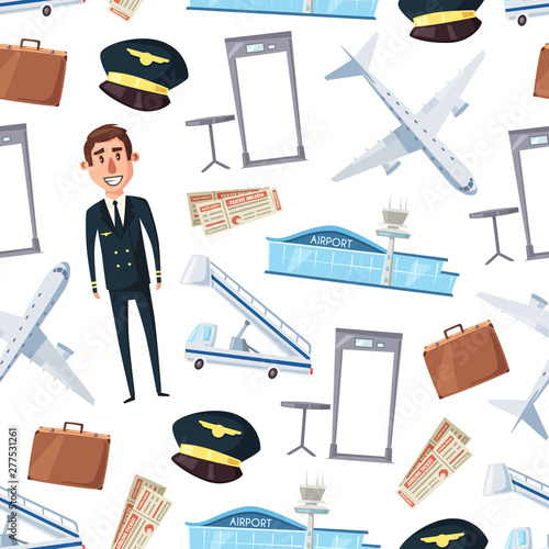 Pilot, airline plane, airport seamless pattern