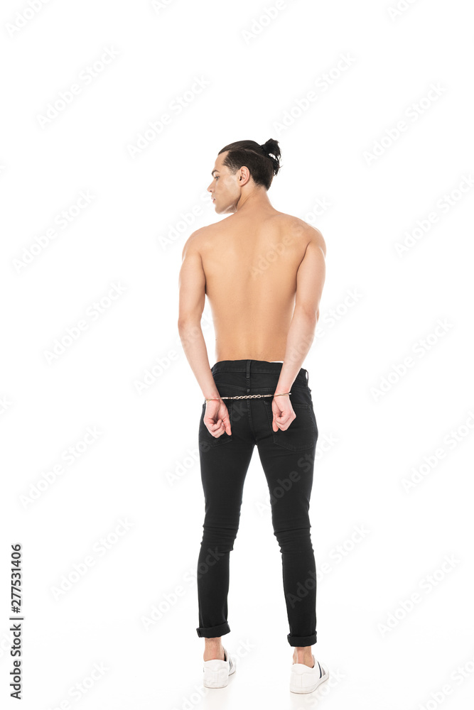 back view of sexy shirtless man in handcuffs isolated on white back view of sexy shirtless man in handcuffs isolated on white