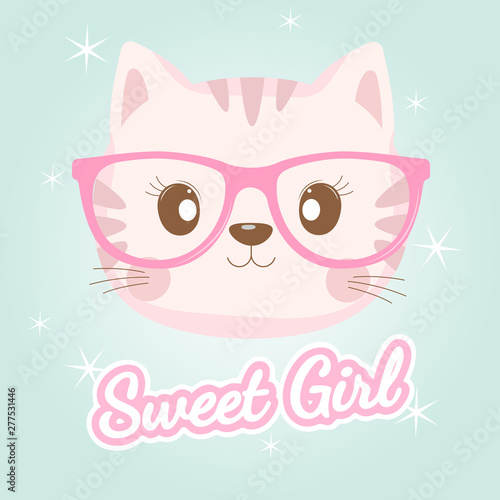 Lovely baby cat face in pink glasses.