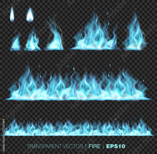 Collection of blue realistic fire flames