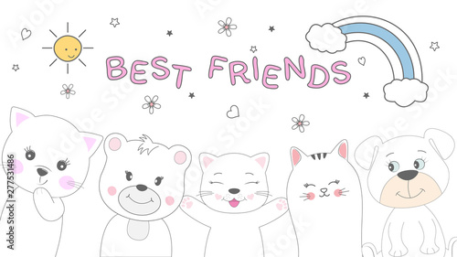 Cute animals cat, bear and dog best friends.