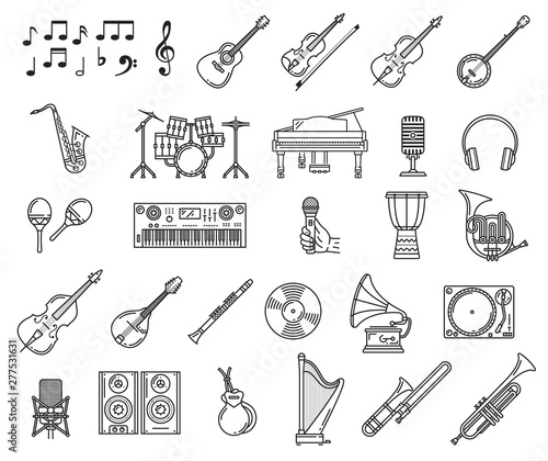 Music icons of piano, guitar, microphone, notes