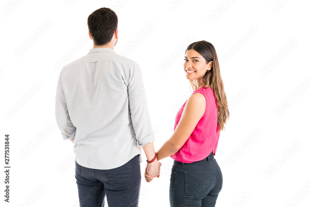 Fototapeta premium Happy Girlfriend With Boyfriend Over Isolated Background