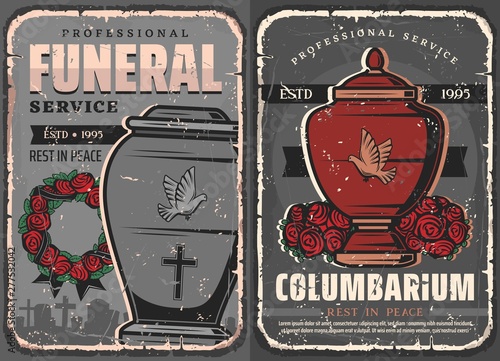 Funeral service urns, cemetery tomstones, wreath