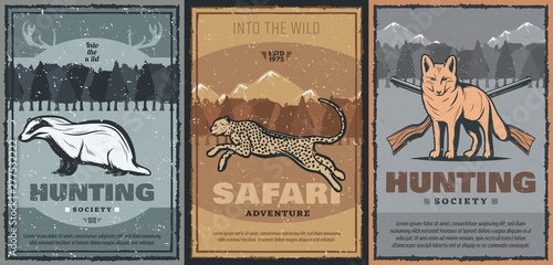 Hunting animals, hunter gun. Jaguar, fox, badger