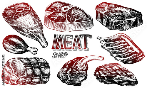 Beef meat, pork steak, chicken leg, meatloaf, bacon and ribs. Barbecue food in vintage style. Templates for restaurant menu, emblems or badges. Hand drawn sketch.