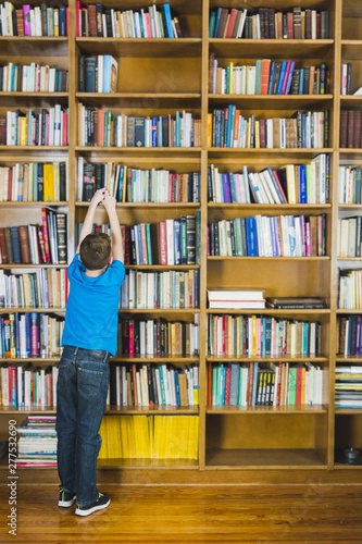 Boy taking book from library shelf