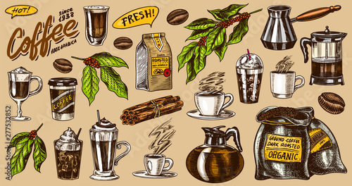 Coffee in vintage style. A bag of grain, cocoa leaves, cinnamon sticks, a cup and a teapot, a coffee maker and a bag of milk, calligraphic inscription. Hand drawn engraved retro sketch for labels.