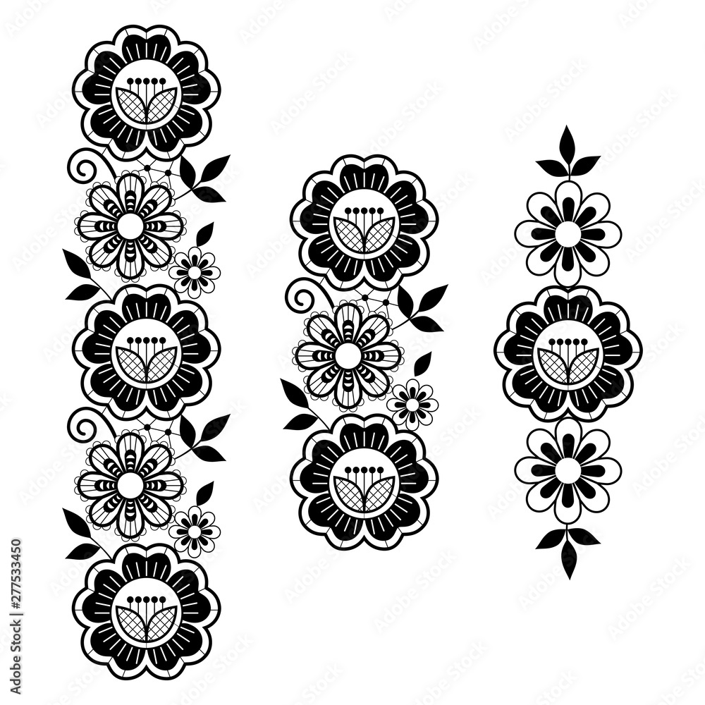 Lace vector long pattern set, vertical design with flowers and swirls, detailed lace motif in black on white background