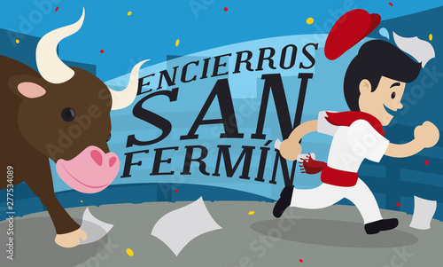 Runner and Bull Celebrating Traditional Encierros of San Fermin, Vector Illustration
