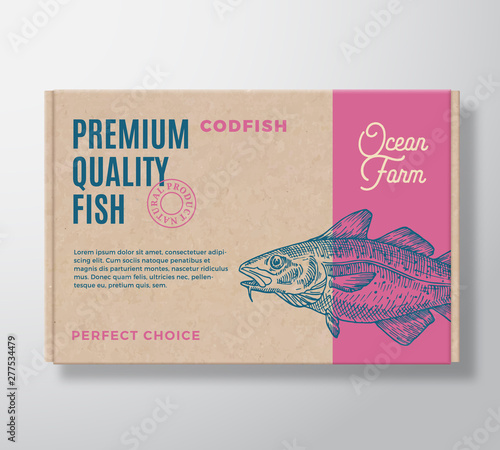 Premium Quality Fish Realistic Cardboard Box. Abstract Vector Packaging Design or Label. Modern Typography, Hand Drawn Codfish Silhouette. Craft Paper Background Layout.