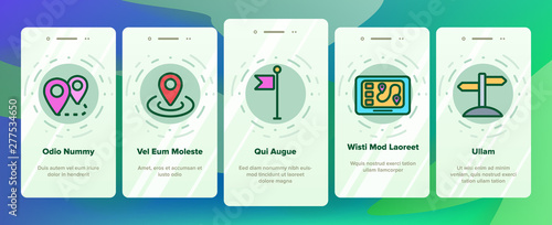 Navigation Linear Vector Onboarding Mobile App Page Screen. Navigation System Thin Line Contour Symbols Pack. GPS, Travel App Pictograms. Road Map, Location Markers, Arrow, Compass Illustrations