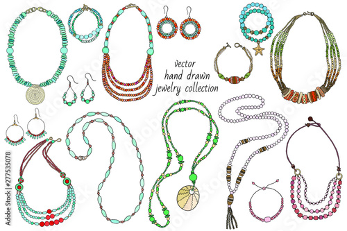 Vector collection of bright jewelry boho chic: necklace, earrings, bracelets, beads. Hand drawn