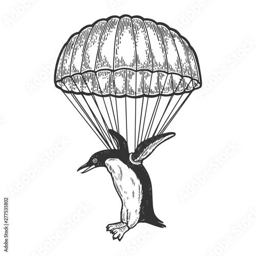 Penguin bird fly with parachute as paratrooper sketch engraving vector illustration. Scratch board style imitation. Hand drawn image.