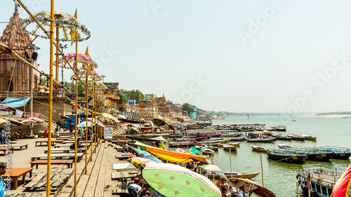 A view of holy dashashwamedh ghat of Varanasi from river Ganges photo