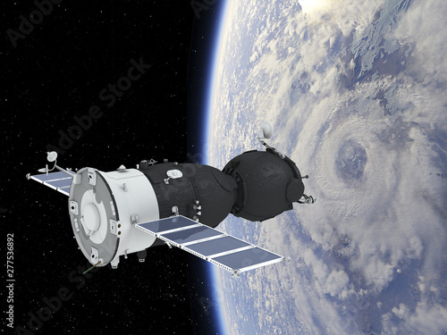 Spacecraft Orbiting Earth. 3D Illustration.