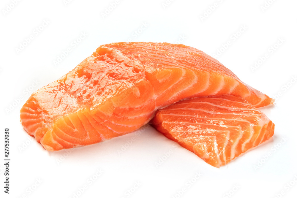 Two slices of salmon on a white background with a place for text Two slices of salmon on a white background with a place for text
