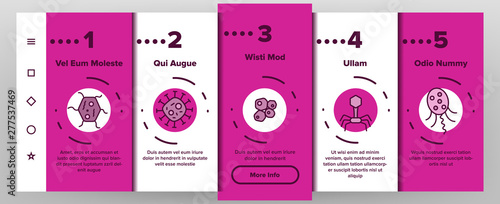Microorganisms Cells Vector Onboarding Mobile App Page Screen. Viruses, Bacterias, Unicellular Organisms, Protozoa Linear Illustrations. Cocci And Bacillus. Infectious Agent, Bacteriophage Drawings