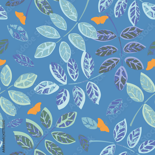 Blue seamless vector repeat pattern with plant leaf, texture and butterfly. Perfect for textile and paper projects. Surface pattern design.