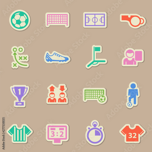 football sport color sticker vector icons. football soccer paper labels with transparent shadow on beige background for web, mobile and user interface design
