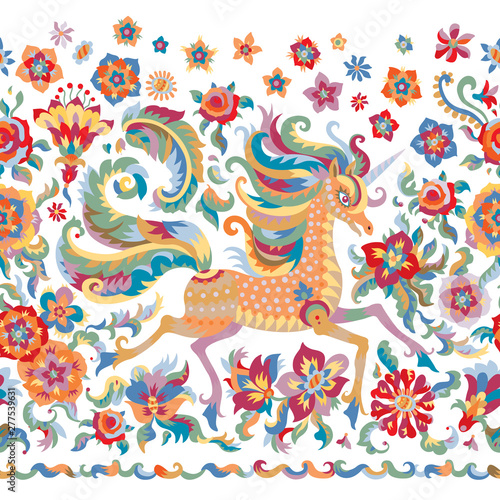 Floral seamless border in folklore tapestry tradition, unicorn print on white background. Pattern from rose flowers, fantasy leaves and fairy tale ornate cute horse. Scarf, shawl, wallpaper fringe