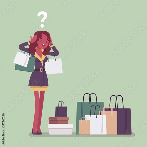 Shopaholic woman buying too much. Young anxious black girl shopping with addiction, suffer from obsession of purchases, feeling distress, shame or guilt after. Vector flat style cartoon illustration