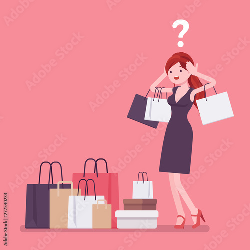 Shopaholic woman buying too much. Young anxious girl shopping with addiction, suffer from obsession of purchases, feeling distress, shame or guilt after. Vector flat style cartoon illustration