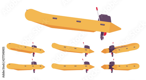 Inflatable boat with outboard motor. Yellow rubber vessel for rafting, fishing, water sport equipment, holiday trip. Vector flat style cartoon illustration isolated on white background, different view
