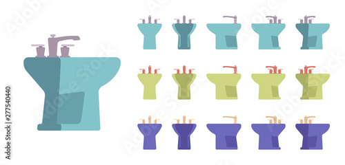 Bidet bright bathroom set. Washing basin, toilet seat for hygiene, individual sanitary, cleaning in restroom. Vector flat style cartoon illustration isolated, white background, different views, colors