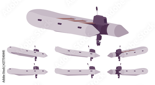 Inflatable boat with outboard motor. Grey rubber vessel for rafting, fishing, water sport equipment, holiday trip. Vector flat style cartoon illustration isolated on white background, different view