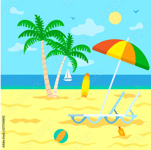 Beach seascape vector, coast with palm tree branches. Umbrella and chaise longue for tourists, surfing board, inflatable balloon ball and sun lotion