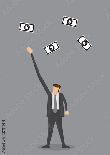 Businessman Reaching Out for Flying Dollar Notes