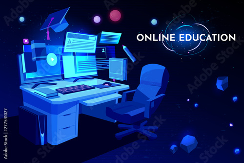Online education banner, student workplace with computer table, Pc monitor and armchair, home working place desk, remote studying, academic cap, neon glowing futuristic background. Cartoon vector