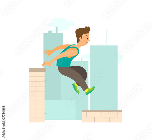 Extreme sport parkour, man running by roof, buildings and skyscrapers. Person in sportwear jumping on skyscrapers, freerunning vector. Parkourman hops from building to building in order to break