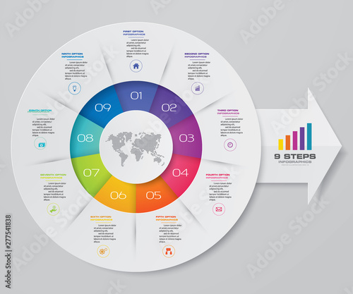 Modern 9 steps pie chart/ circle chart with arrow infographics design element. EPS 10.	