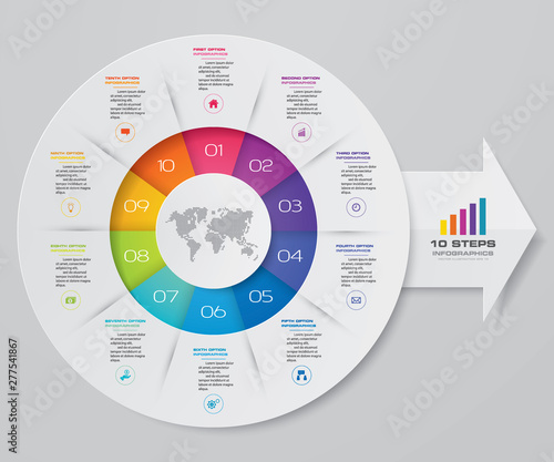 Modern 10 steps pie chart/ circle chart with arrow infographics design element. EPS 10.	