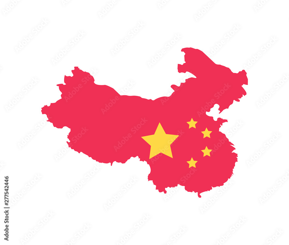 China flag, map of state in red color with stars, flat design style of area, geography and cartography icon, asian symbol, east region, Chinese sign vector