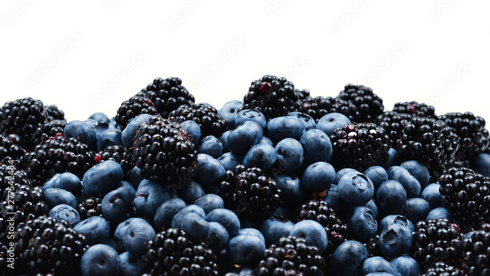 Blackberry and  blueberry background. Top view. - obrazy, fototapety, plakaty 
