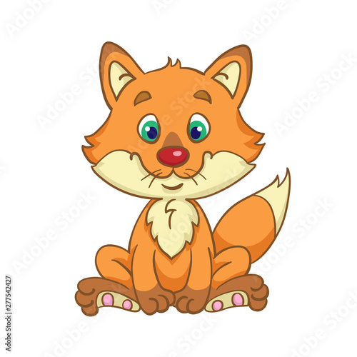 Little cute fox sitting.  In cartoon style. Isolated on white background.