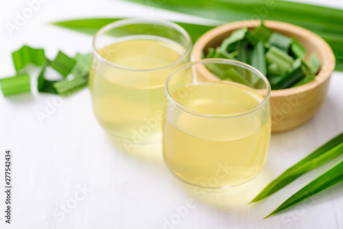 Pandan drink and sliced pandan leaf in a bowl, healthy drink in Asian