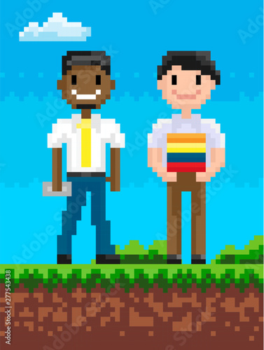 Pixelated graphics vector, man standing on grass, pixel art games characters smiling positive personage shy look of people friends on nature with clouds