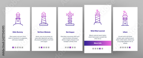Lighthouse, Sea Beacon Linear Vector Onboarding Mobile App Page Screen. Lighthouse, Signal Light House Thin Line Contour Symbols Pack. Sailor Safety Warning Pictograms Collection. Illustrations