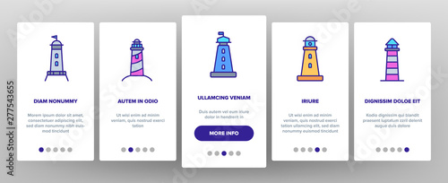 Lighthouse, Sea Beacon Linear Vector Onboarding Mobile App Page Screen. Lighthouse, Signal Light House Thin Line Contour Symbols Pack. Sailor Safety Warning Pictograms Collection. Illustrations